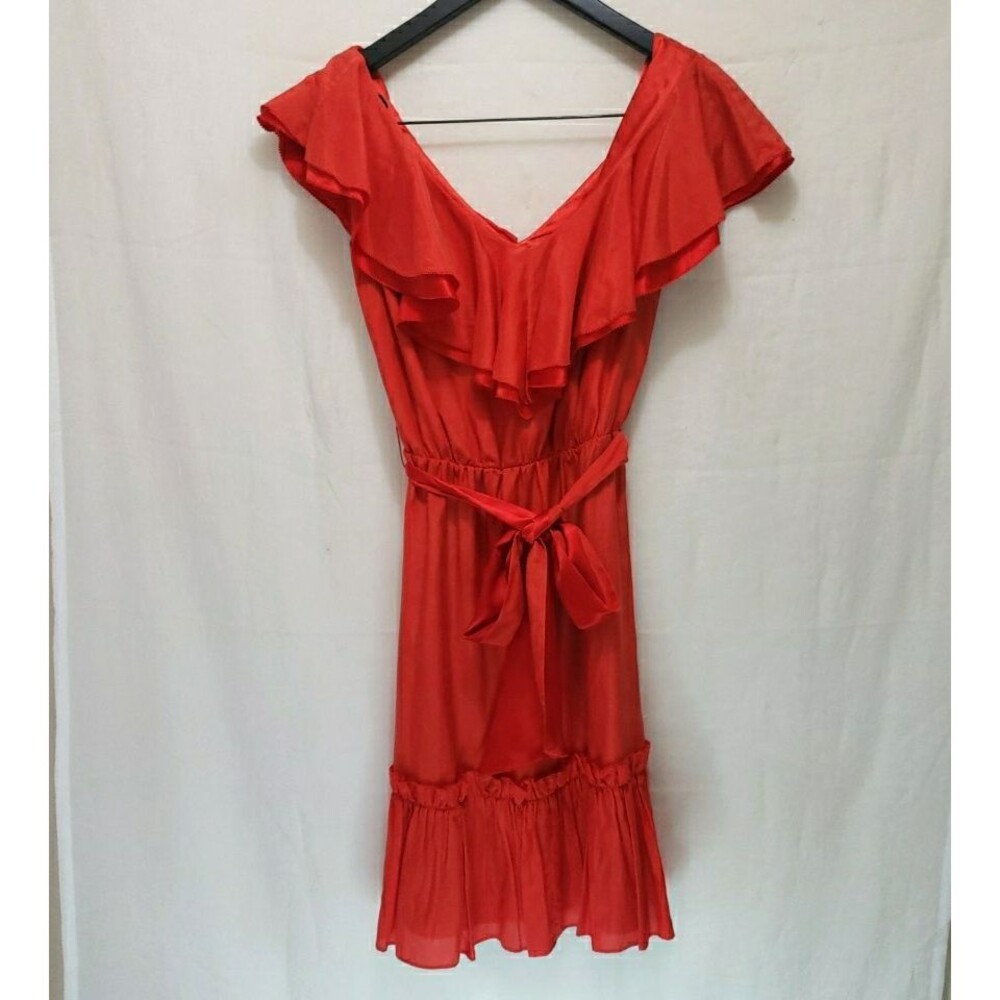 Antonio Melani Red Silk Cotton Blend Ruffle V-Neck Belted Dress Size 0 Cocktail